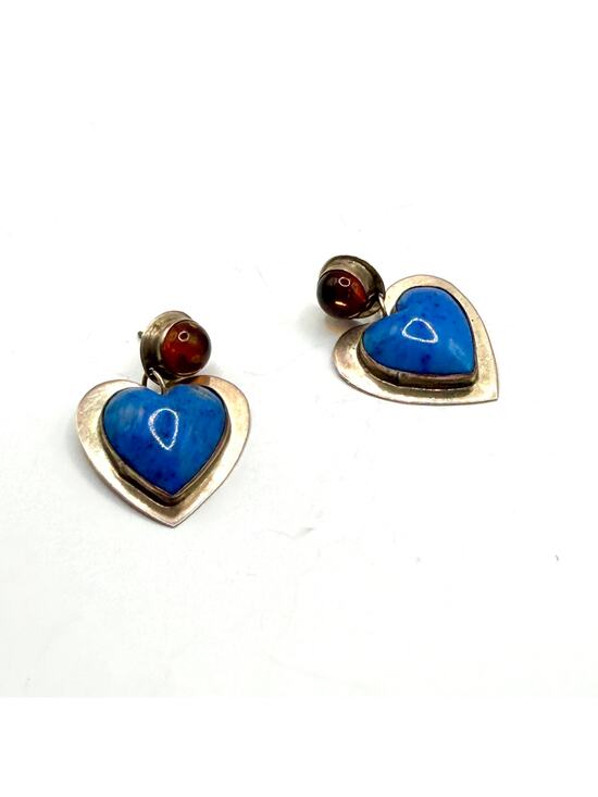 Handmade Jewelry - Vintage 90s Jason Livingston Signed Sterling Silver Lapis Amber Heart Earrings